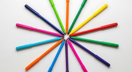 Naklejka premium Assorted vibrant markers arranged in a starburst pattern against a white canvas