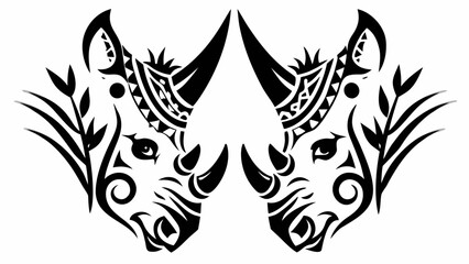 Fototapeta premium Two mirrored tribal rhinoceros heads with geometric patterns and foliage in black and white design art silhouette