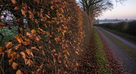 Hawthorn Hedge with Berries Along Rural Road