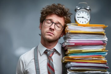 Tired businessman sleeping on a pile of folders with an alarm clock on top, symbolizing deadline pressure and overwork