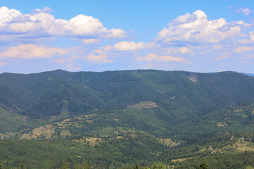 Obraz premium ​A breathtaking view of majestic mountains covered in lush green forests under an endless blue sky with fluffy clouds. This panorama shows the harmonious blend of wild nature and small settlements in 