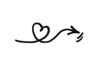 A hand-drawn illustration of an arrow with a heart-shaped spiral in the middle. This minimalist doodle symbolizes love, direction, and destiny, or following one's heart. 