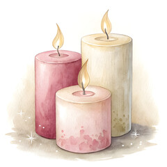 Watercolor clipart of three candles grouped, with white background