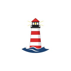 Flat vector lighthouse with red stripes, ocean base, minimal clean style, isolated on white background