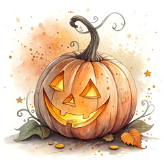 Watercolor clipart of a jack o lantern glowing, with white background