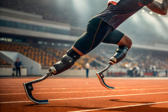 Athlete without two legs runs at stadium Paralympic Games