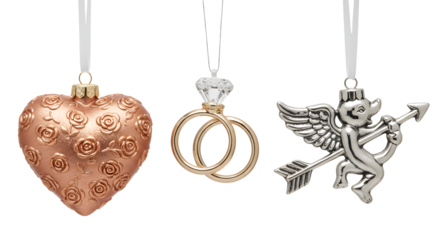 Set of three wedding-themed ornaments including a rose-patterned heart, diamond wedding rings, and a cupid with bow and arrow, perfect for romantic holiday decor