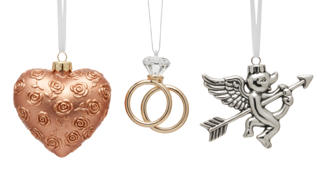 Set of three wedding-themed ornaments including a rose-patterned heart, diamond wedding rings, and a cupid with bow and arrow, perfect for romantic holiday decor