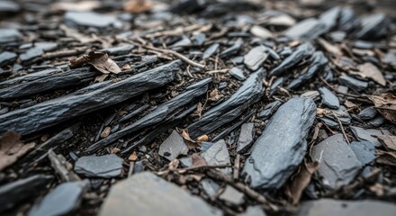 Fragmented slate stones with leaf litter on the ground outdoors