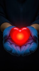 Gloved hands holding a glowing red heart shape against a dark background. Love and care concept.