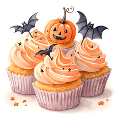 Watercolor clipart of Halloween cupcakes with orange frosting, with white background