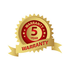 Gold five year warranty badge with red accents guarantee