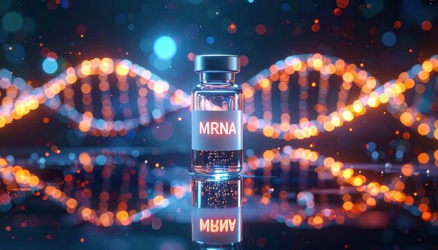 A glowing mrna vial filled with liquid in front of dna helix background representing future biotechnology, vaccine innovation and hope for global healthcare advancements