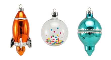 Vintage rocket and glass Christmas tree ornaments in orange, white with confetti, and teal colors isolated on white background, perfect for holiday decor