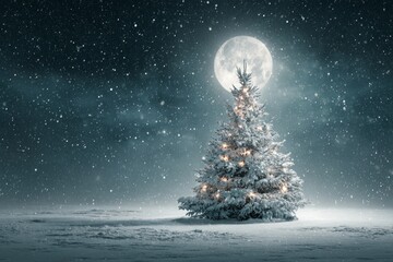 A magical christmas garden under a sky lit with stars and silent snow. Concept art. Star-studded christmas: luminous night sky and snow-kissed holiday tree. Creative concept. Hero shot.