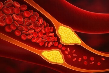 3D medical illustration showing blocked artery with cholesterol plaque and red blood cells,concept of atherosclerosis,cardiovascular disease,heart attack risk,human circulation health