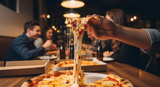 POV: holding a slice of pizza with melted cheese stretching, background of friends at the table
- Powered by Adobe