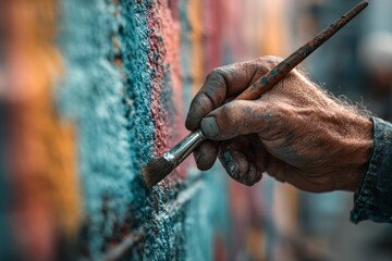 Close-up of artist's hand holding brush, creating vibrant street art on urban wall