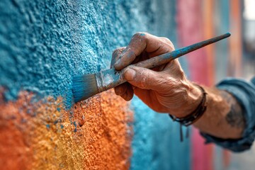Artist painting colorful mural on a textured wall, adding vibrant colors to urban environment