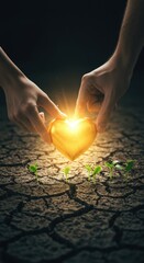 Couple holding golden heart over sprouts on cracked earth. Concept of love, growth, and environmental care.