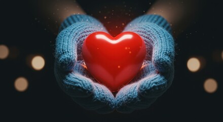 Close up of hands in gloves holding a red heart. Love, care, and valentine day concept.