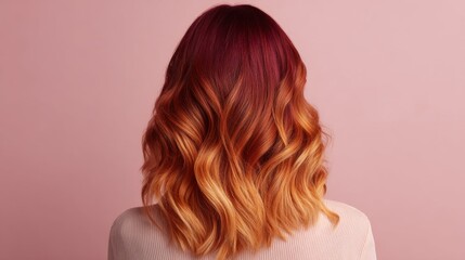 Naklejka premium Back view of woman with wavy ombre red and orange hair