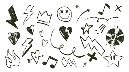 Hand drawn doodle vector set – sketch hearts, stars, lightning, arrows, smiley, flame, crown, music notes, clipart collection