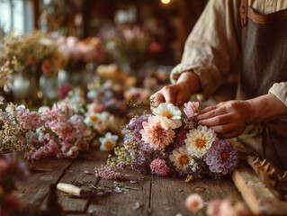 Hands of a Florist woman in an apron make a bouquet in the flower salon Close up.
