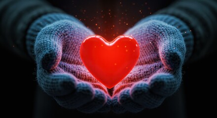 Woman hands in mittens holding a red heart. Concept of love, care, and valentine day.