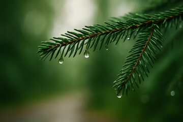 Obraz premium Close-up of pine tree branch with water droplets glistening