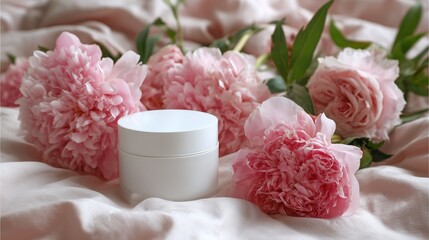 A white cosmetics jar on a bed of soft, lush, pink peonies, roses, and green leaves. 1