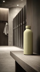A modern gym locker room with a pastel yellow water bottle is placed neatly on the bench. 1