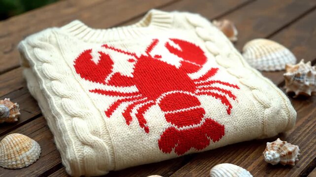 Cozy cream sweater with vibrant red lobster design folded neatly on rustic wooden table surrounded by seashells, capturing a nautical theme in warm, natural light, perfect for seaside fashion