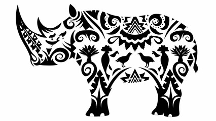 Fototapeta premium A rhino silhouette filled with tribal patterns birds and plant life in a black and white illustration