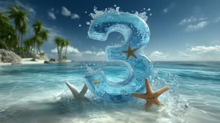 A giant, translucent "3" formed from crystalline, water material adorned with tiny starfish