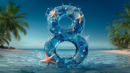A giant, translucent "8" formed from crystalline, water material adorned with tiny starfish