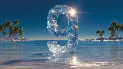 A giant, translucent "9" formed from crystalline, water material adorned with tiny starfish