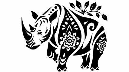 Obraz premium Stylized rhino with floral and leaf patterns in black and white intricate design illustration art work silhouette