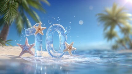 A giant, translucent "10" formed from crystalline, water material adorned with tiny starfish