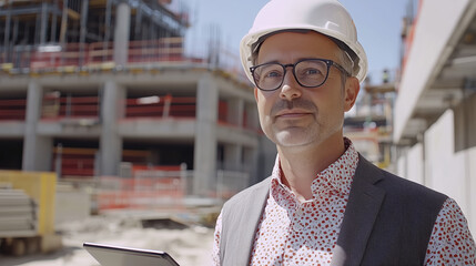 Man in hard hat holding tablet, checking blueprint on digital device at construction site.