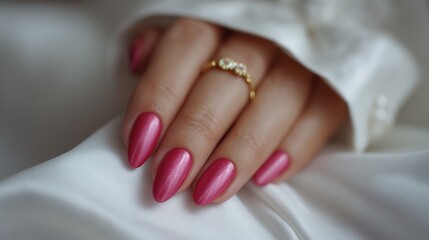 Close-up of a metallic manicure in the color of fuchsia on long oval nails.