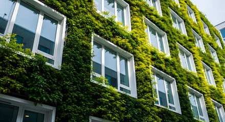 Building facade covered with green ivy, creating a natural and eco friendly wall