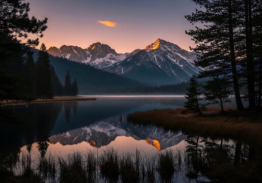 Serene mountain lake reflects a golden sunrise with snowcapped peaks and pine trees in the foreground - Powered by Adobe