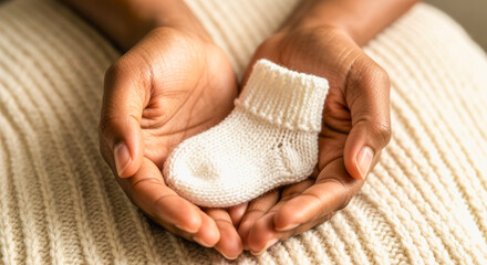 A pair of hands holds a small white knitted baby sock.