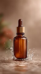 A product photo of an amber glass dropper bottle, plunges into clear water. 2
