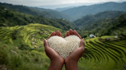 Two hands holding a lot of white, uncooked rice. The rice is forming a heart shape. 2