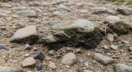 Close up view of ground, rocks and sand. Low angle, natural outdoor