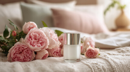 A white cosmetics jar on a bed of soft, lush, pink peonies, roses, and green leaves. 4