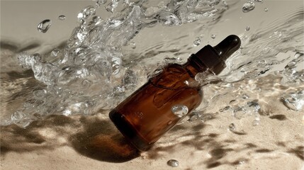 A product photo of an amber glass dropper bottle, plunges into clear water. 3
