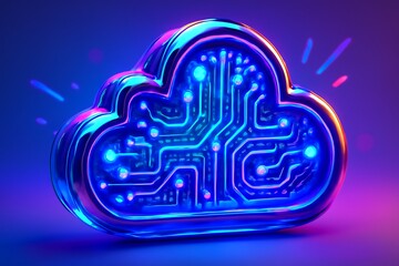 3D glass cloud icon, purple-blue tones with circuit networking details.